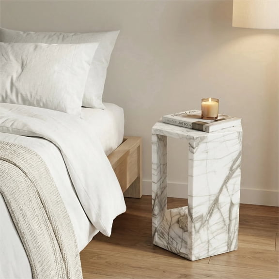FFZ Genuine Marble Hexagon Side Table with Natural Veining, 12.6 x 10.9 x 15.7 inch, White+multi