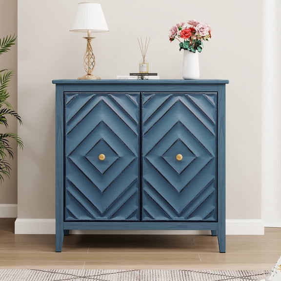 FFZ Geometric Embossed Storage Cabinet with Magnetic Doors and Raised Legs, 31.5 x 14.97 x 30.71 inch, Blue