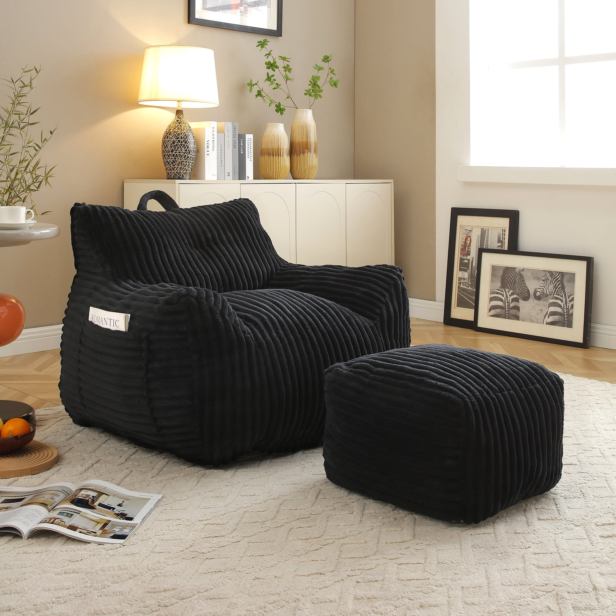FFZ Giant Black Plush Bean Bag Chair For Adults With Armrests Footstool