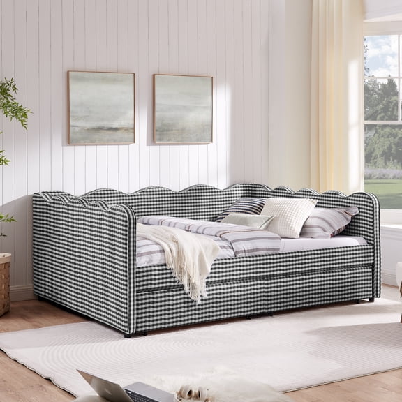 FFZ Gingham Linen Queen Daybed with Two Storage Drawers USB Port