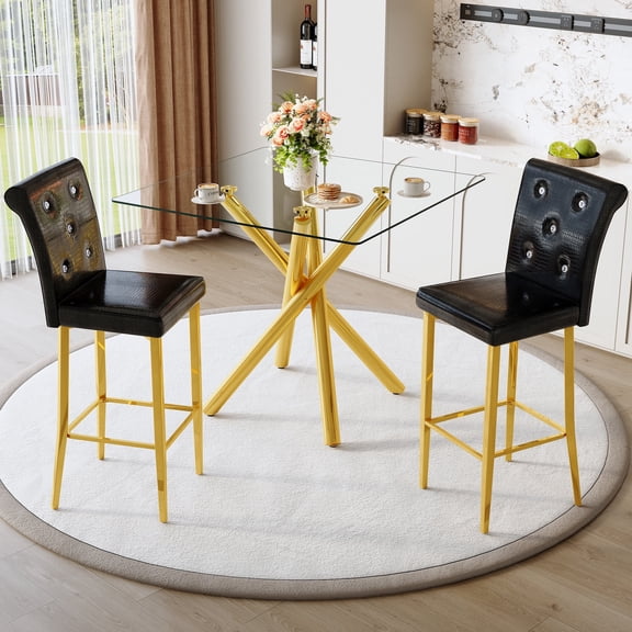 FFZ Modern Bar Table and 2 Stools Set with Glass Top and Gold Chrome Legs, Black