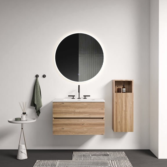 FFZ 30 inch Wall Mounted Bathroom Vanity with Integrated Ceramic Sink and 3 Holes, Rough Oak, Oak