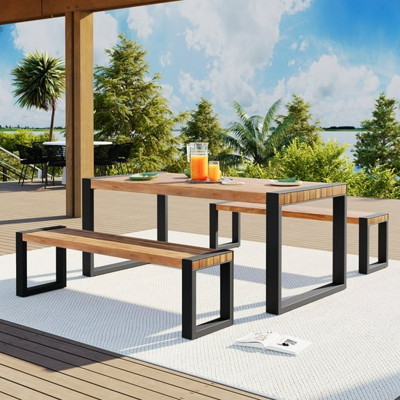 FFZ 3-Piece Outdoor Dining Set with Acacia Wood Top and Steel Frame, Acacia Wood