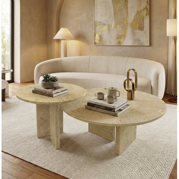 FFZ Nesting Coffee Table Set of 2 with Natural Marble Tops and Metal Legs, 70 x 45 cm, Beige+Gold