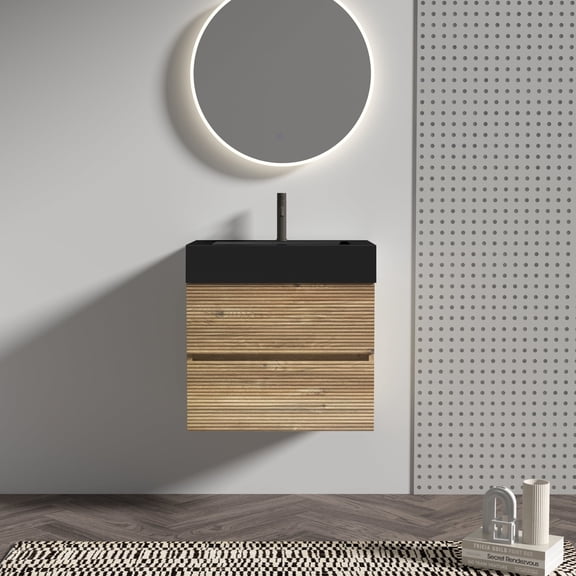 FFZ 24" Wall Mounted Bathroom Vanity with Oak Engineered Quartz Sink, Soft Black Drawers, Modern Design, Oak
