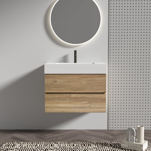 FFZ 30 inch Wall Mounted Floating Oak Vanity with Engineered Quartz Sink, 2 Soft-Close Drawers, Oak