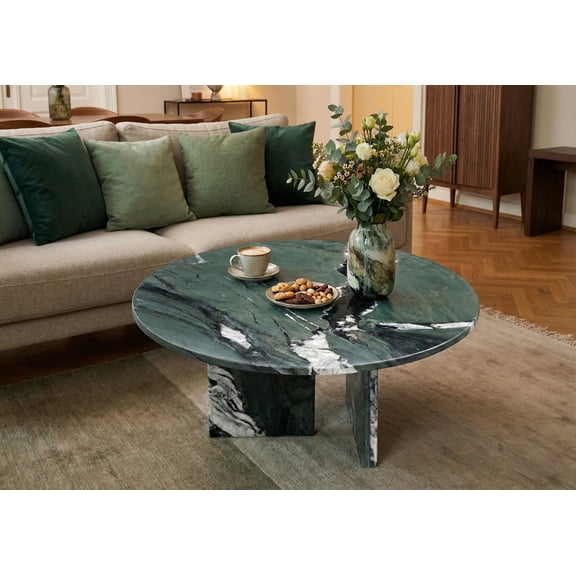 FFZ Natural Marble Coffee Table with Metal Base, 27.6 x 27.6 x 12.6 inch, Green