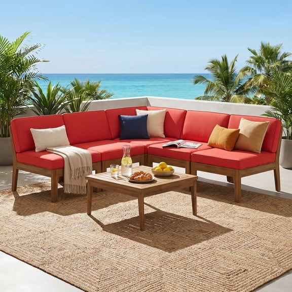 FFZ 5 Seater Acacia Wood Sectional Sofa Set with Coffee Table, 78 x 78 x 26.25 inch, Red