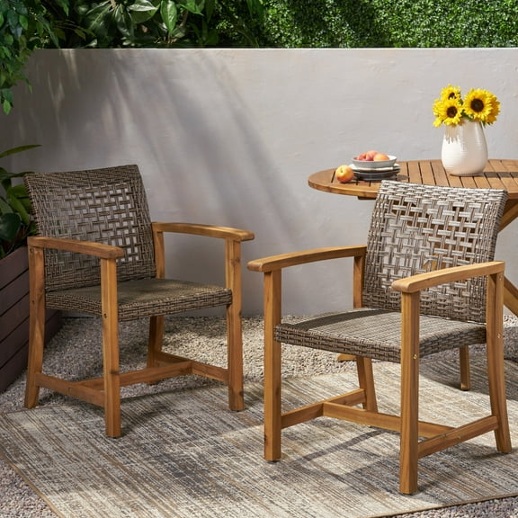 FFZ Hampton Wood and Wicker Dining Chair Set of 2 with Acacia Wood Frame, 26.25 x 23.75 x 33.75 inch, Brown