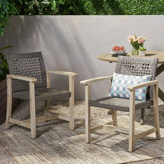 FFZ Hampton Wood and Wicker Dining Chair Set of 2 with Acacia Wood Frame, Black+Grey