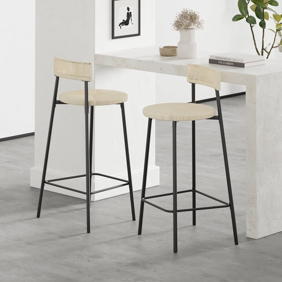 FFZ Handwoven Paper Rope Counter Stool Set of 2 with Boho Design, Black Metal Frame, Creamy White