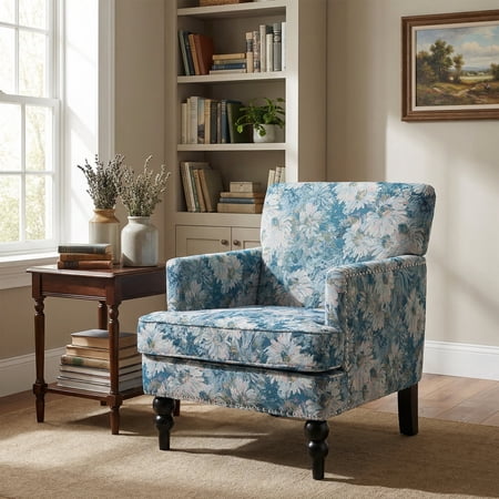 FFZ Harrison Tufted Club Chair with Polyester Upholstery and Turned Legs, 28.75 x 32 x 30.5 inch, Blue+Multi
