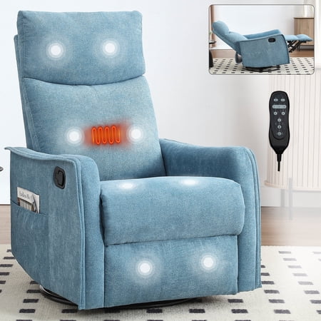 FFZ Heat Massage Recliner Chair with Rocker and Swivel, Blue