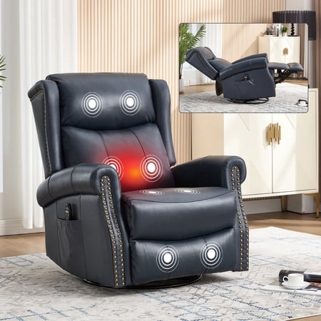 FFZ Heat Massage Recliner Chair with Rocker and Swivel, Genuine Leather, Blue