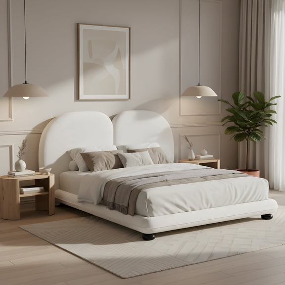 FFZ Queen Upholstered Platform Bed with Split Headboard and Teddy Fleece Fabric, 88 x 88 x 42.5 inch, White