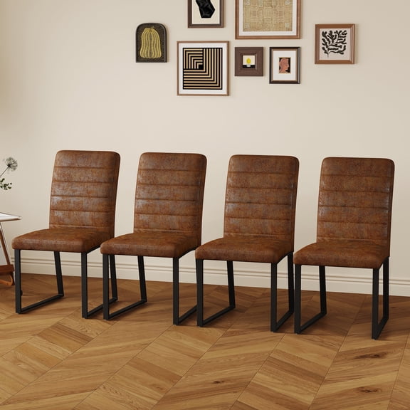 FFZ Set of 4 Heavy-Duty Chairs with 2.1" PU Leather Cushion and Iron Frame, Brown+Black