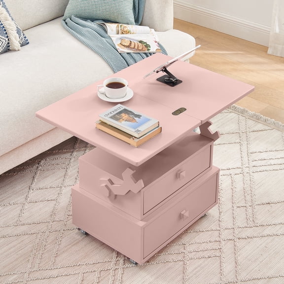 FFZ High-Gloss Adjustable Rolling End Table with Charging Station and Flip-Top, Pink