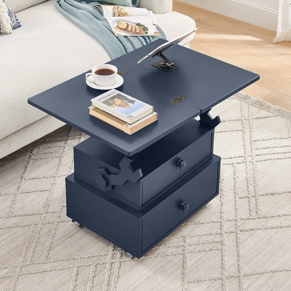 FFZ High-Gloss Adjustable Height Rolling End Table with Charging Station, Blue