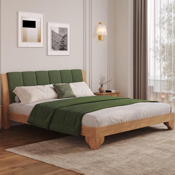 FFZ King Pine Wood Bed Frame with Headboard and Green Accents, 82.7 x 85.2 x 40.4 inch, Green