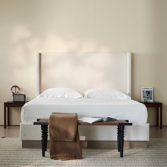 FFZ Upholstered Wingback Platform Bed, California King, Oat Boucle, No Box Spring, Light Grey+camel Oak