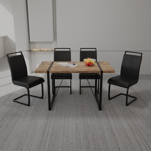 FFZ 55 inch Dining Table Set with 4 PU Armless Chairs, Rectangular MDF Top and Metal Legs, Black+Brown