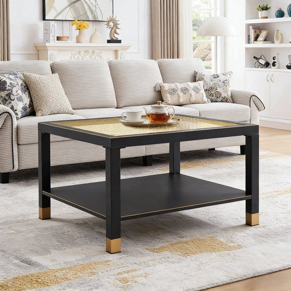 FFZ Industrial Square Coffee Table with Gold Mesh Glass Top, 27.6 x 27.6 x 17.7 inch, Black+Gold