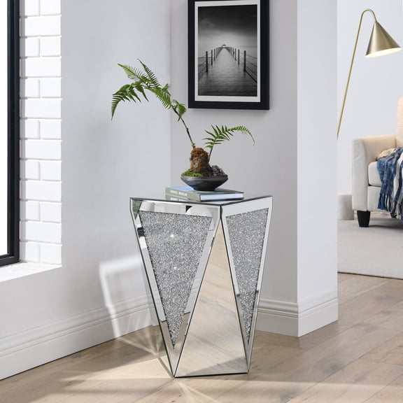 FFZ Inverted Triangular Mirror Coffee Table with Crystal Diamond Inlay, 13.8 x 13.8 x 23.6 inch, Silver