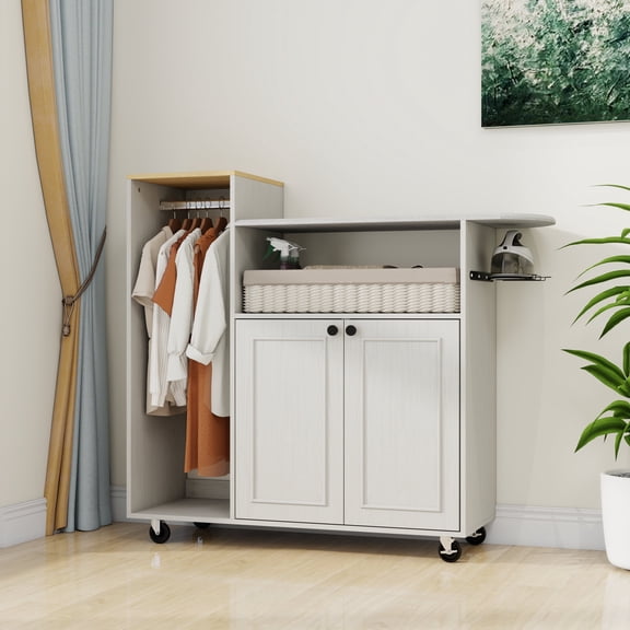 FFZ Ironing Cabinet with Rolling Board, Adjustable Shelf and Wheels, 50 x 15.75 x 44.49 inch, Antique White
