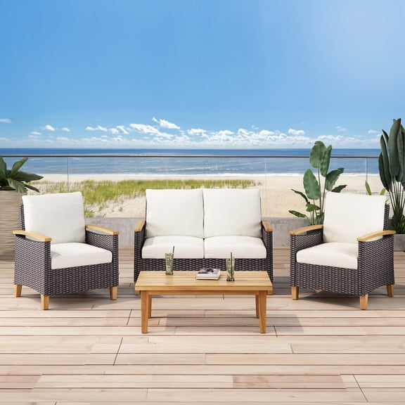 FFZ ISLA 4-Piece Chat Set with Loveseat, 2 Club Chairs and Coffee Table, Teak