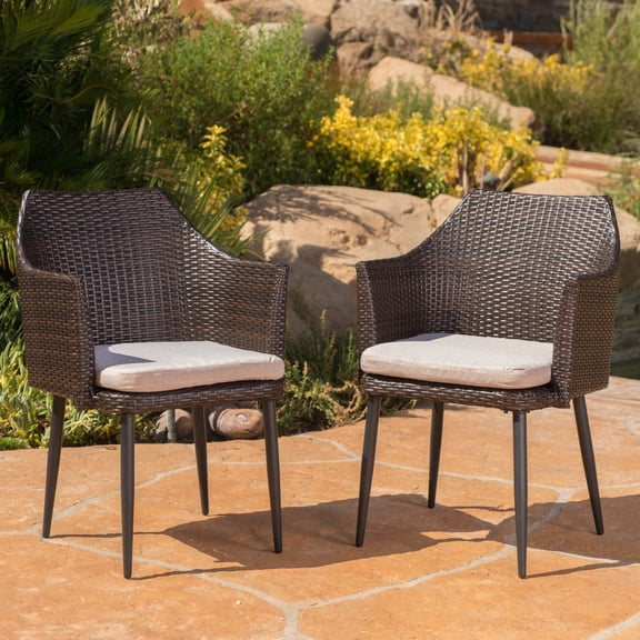 FFZ PE Rattan Dining Chair Set of 2 with Powder Coated Iron Legs and Waterproof Fabric, Brown Multi