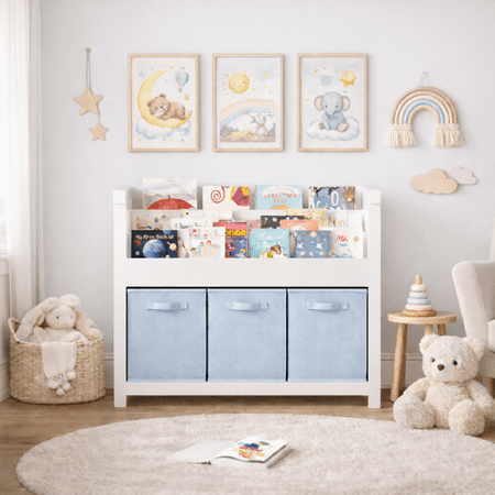 FFZ Kids Bookshelf with 3 Tier Front-Facing Storage and 3 Fabric Bins, Wooden Toddler Bookcase, White