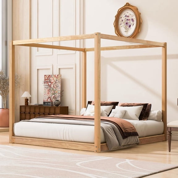 FFZ King Size Canopy Platform Bed with Support Legs and Pine Wood Frame, 83.9 x 79.7 x 74.8 inch, Natural