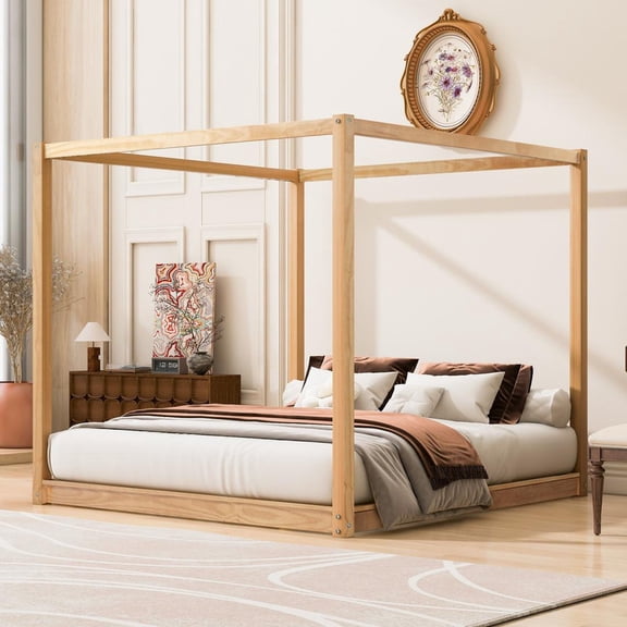 FFZ King Size Canopy Platform Bed with Support Legs, Natural