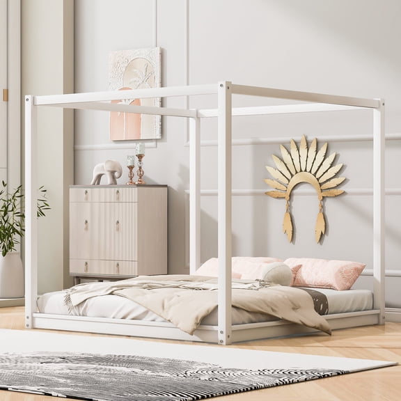 FFZ King Size Canopy Platform Bed with Support Legs and Pine Wood Frame, 83.9 x 79.7 x 74.8 inch, White