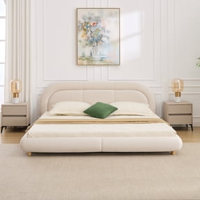 FFZ King Size Curved Upholstered Platform Bed with Rounded Headboard, 82.3 x 89 x 33.3 inch, Beige