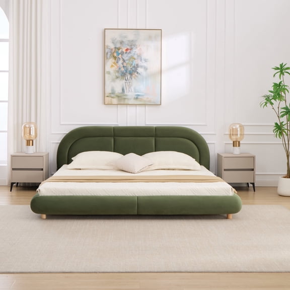 FFZ King Size Curved Upholstered Platform Bed with Rounded Headboard and Velvet Fabric, Green