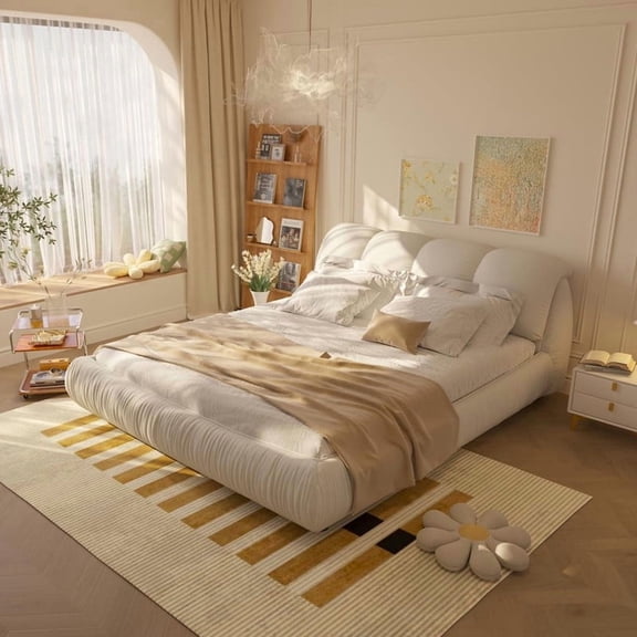 FFZ King Size Upholstered Platform Bed with Oversized Padded Headboard, Solid Wood Frame, 96.5 x 86.22, Beige