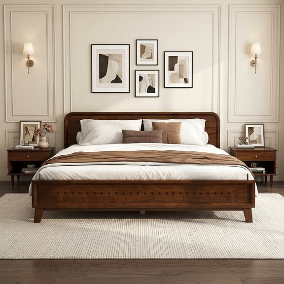 FFZ 82.7"L King Solid Wood Bed with Pine Frame, No Box Spring Needed, Dark Walnut