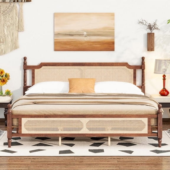FFZ King Size Pine Wood Bed Frame with Rattan Headboard and Footboard, Walnut