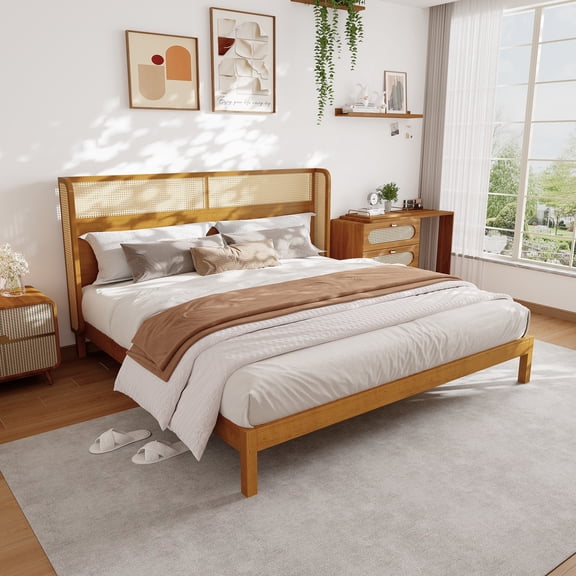 FFZ King Size Rubber Wood Platform Bed Frame with Headboard, Natural
