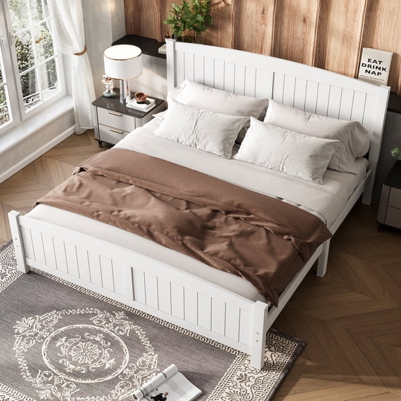 FFZ King Size Solid Wood Platform Bed with Support Slats, No Box Spring Needed, Light White