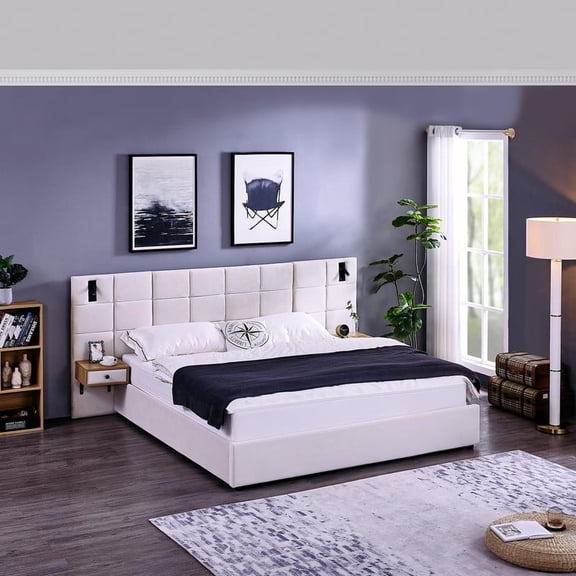 FFZ King Size Velvet Storage Platform Bed with Hydraulic Lift, 2 Shelves, USB Port, 105 x 87 x 46 inch, Beige