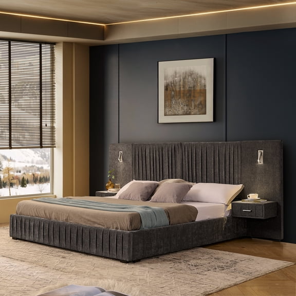 FFZ King Size Upholstered Bed Frame Chenille Fabric Pleated Design Grounded Platform Dark Grey