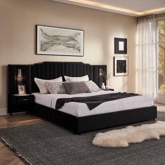 FFZ King Upholstered Platform Bed with Velvet Fabric, Vertical Stripe Headboard, Integrated Bedside, Black