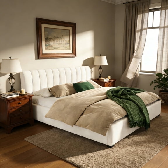 FFZ King Upholstered Platform Bed with Linen Blend Fabric, Storage Drawers and Solid Wood Legs, Beige