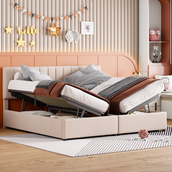 FFZ King Size Upholstered Platform Bed Hydraulic Storage System Beige