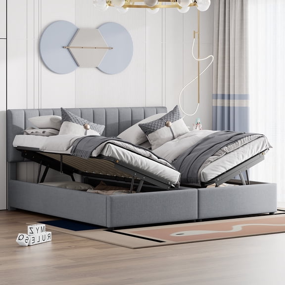 FFZ King Size Hydraulic Storage Bed with Vertical Stripe Headboard, 76 x 78 x 43.3 inch, Gray