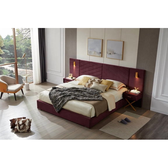 FFZ King Size Velvet Wingback Bed Frame with Vertical Channel Tufting, Strong Wooden Slats, No Box, Red