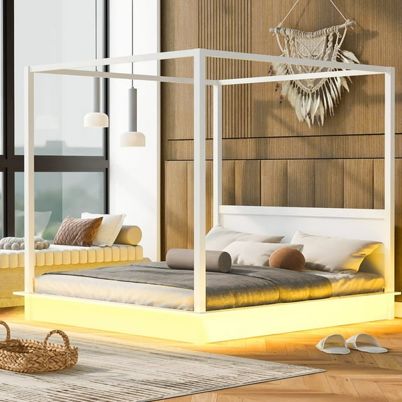 FFZ King Size Wood LED Canopy Bed with Full-Length Rails and Plywood Frame, 87.4 x 83.9 x 77.2 inch, White