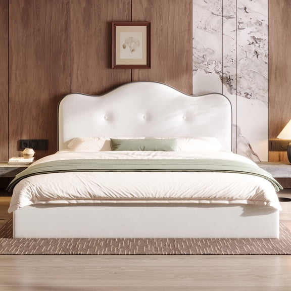 FFZ King Upholstered Platform Bed with Headboard and Slat Support, 87 x 80.5 x 38 inch, Beige